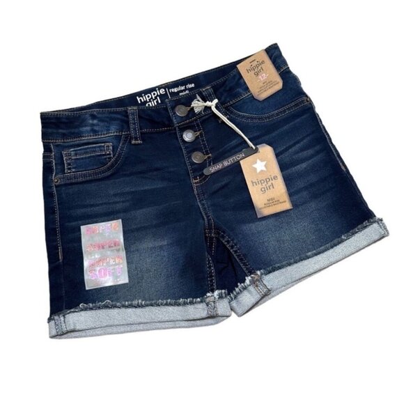 Hippie Girl Girls 12 Stretchy Adjustable Waist Denim Shorts Dark Wash - Picture 1 of 1